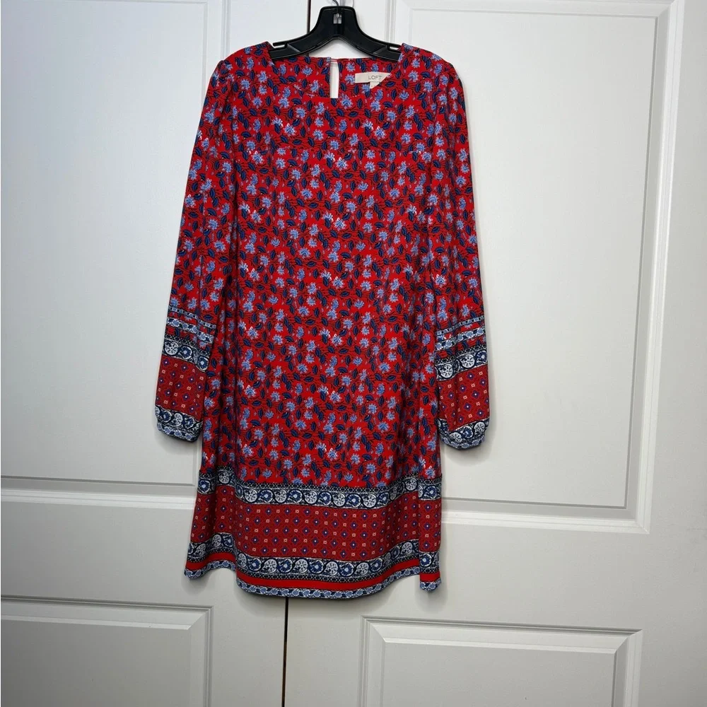 LOFT Red and Blue Casual Bishop Sleeve Dress - Picture 1 of 4
